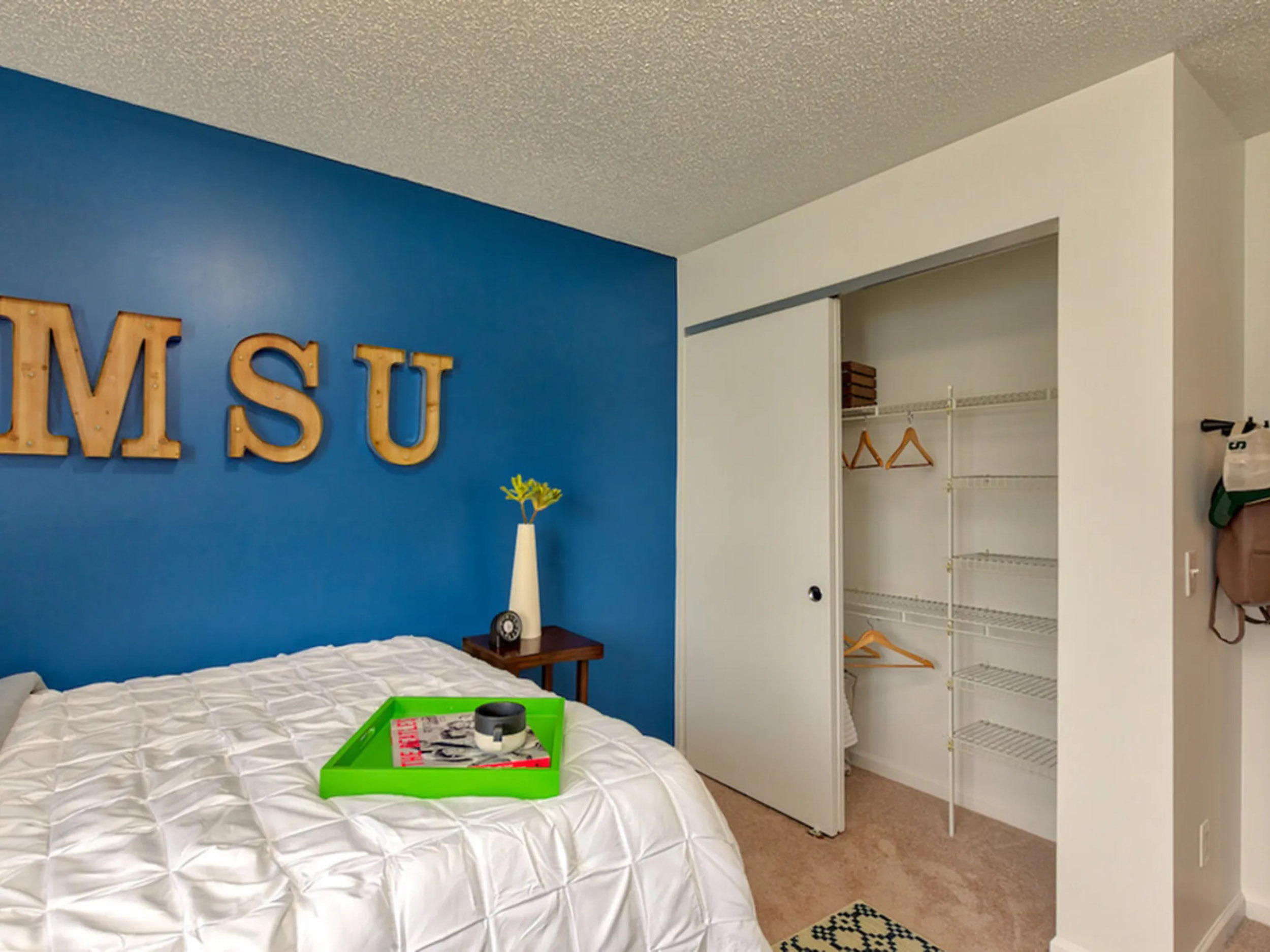a bedroom with a bed and closet