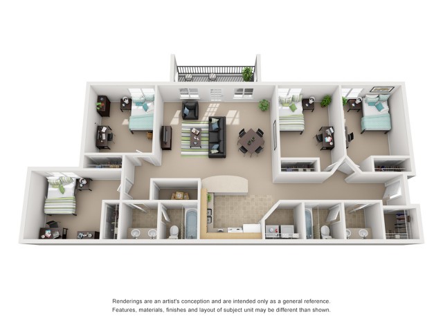 A 3D image of the 4BR/2BA floorplan, a 1220 squarefoot, 4 bed / 2 bath unit