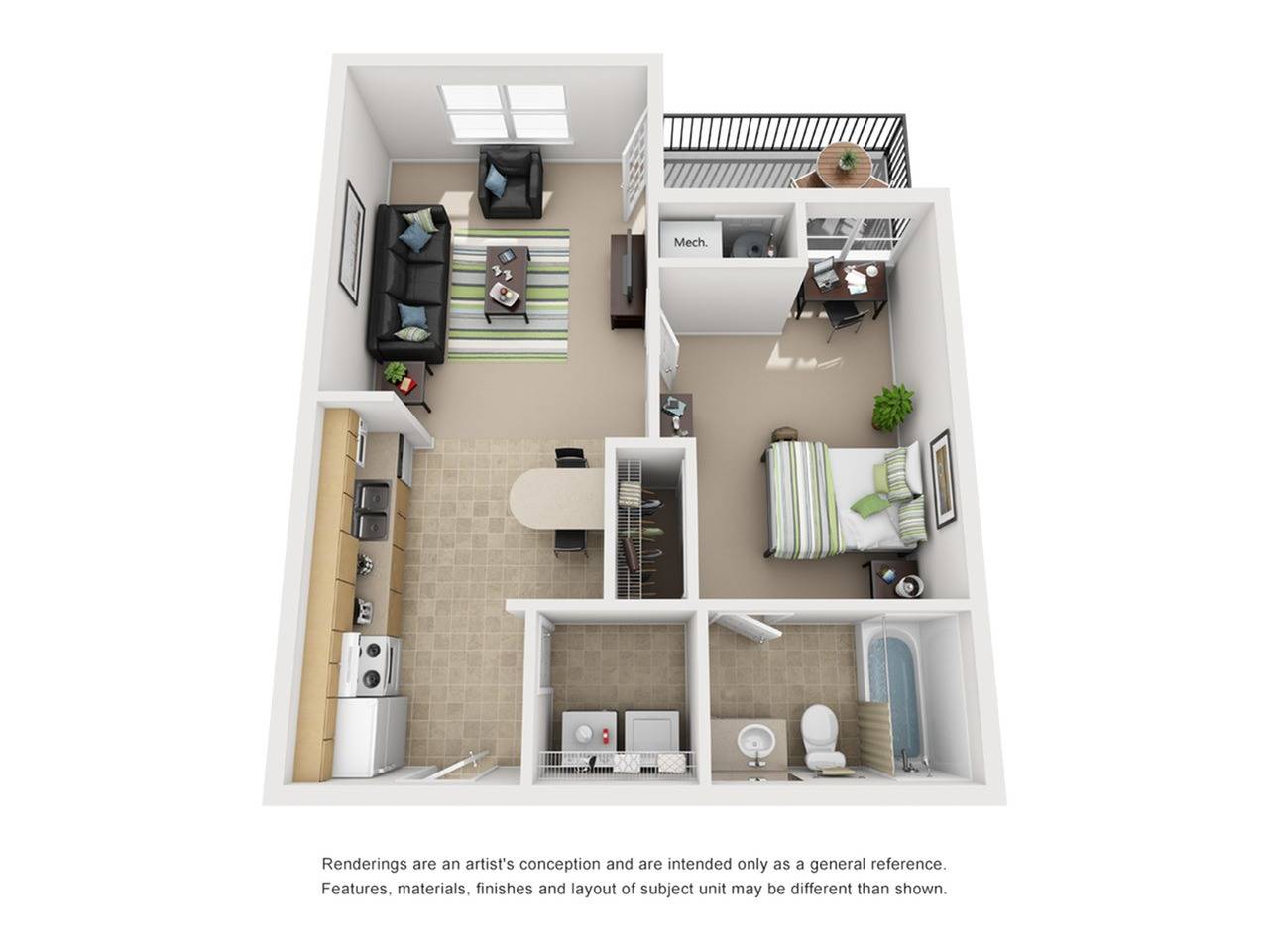 A 3D image of the 1×1 floorplan, a  squarefoot,  bed /  bath unit