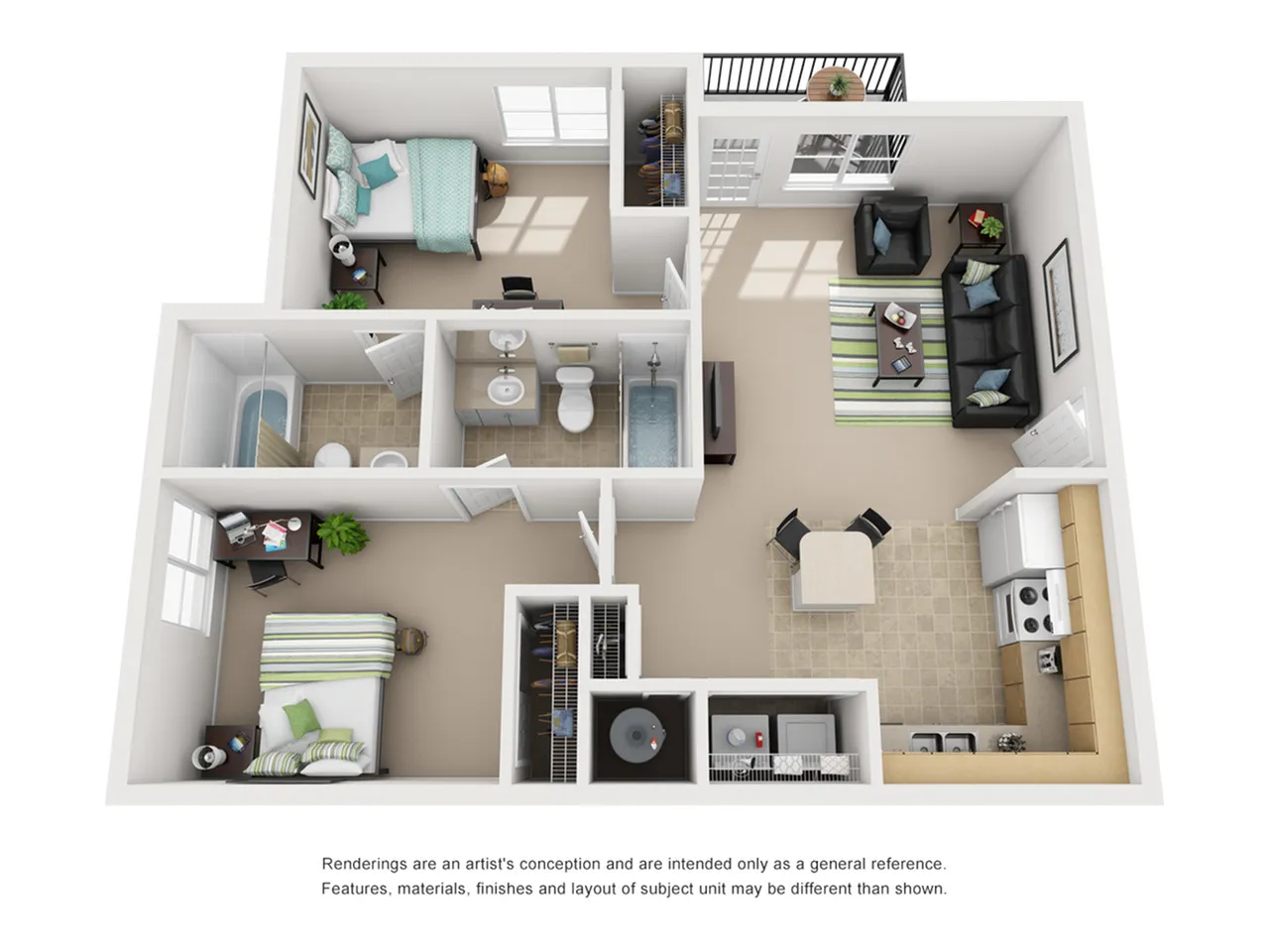 A 3D image of the 2×2 floorplan, a  squarefoot,  bed /  bath unit