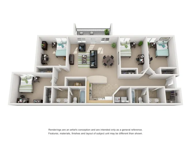 A 3D image of the 4×2 floorplan, a  squarefoot,  bed /  bath unit