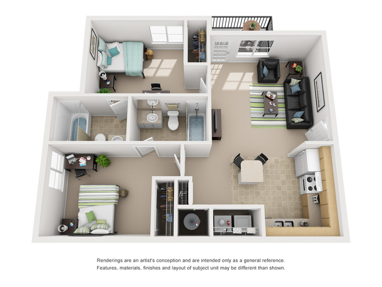 A 3D image of the 2BR/2BA – Full Unit floorplan, a  squarefoot, 2 bed / 2 bath unit