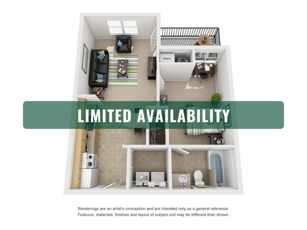 1BR/1BA – Top Floor